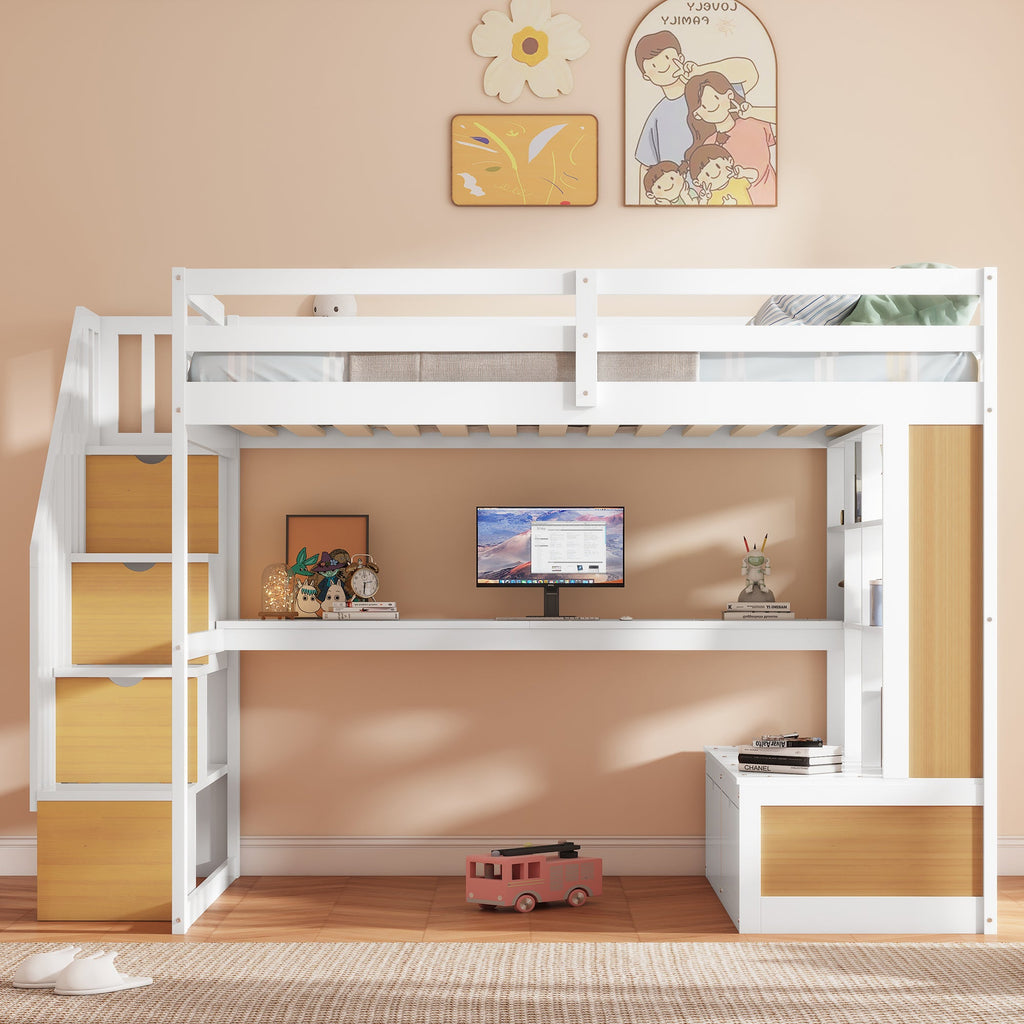 Full Size Loft Bed With Desk And Shelves, Two Built-in Drawers, Storage Staircase