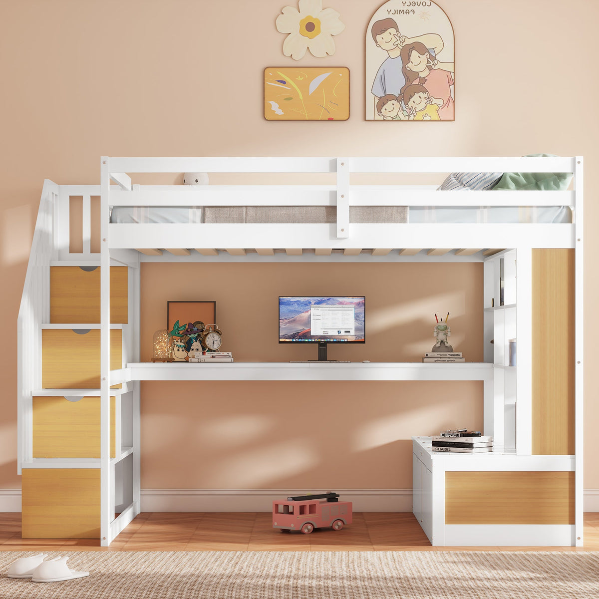 Full Size Loft Bed With Desk And Shelves, Two Built-in Drawers, Storage Staircase