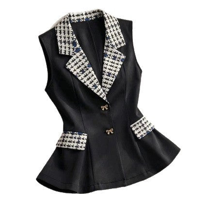 Black-and-white Houndstooth Contrast-color Lapel Blazer Vest