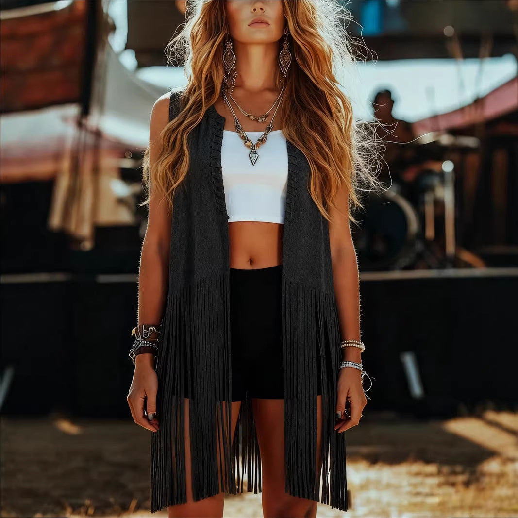 Suede Tassel Shawl Sleeveless Vest Jacket