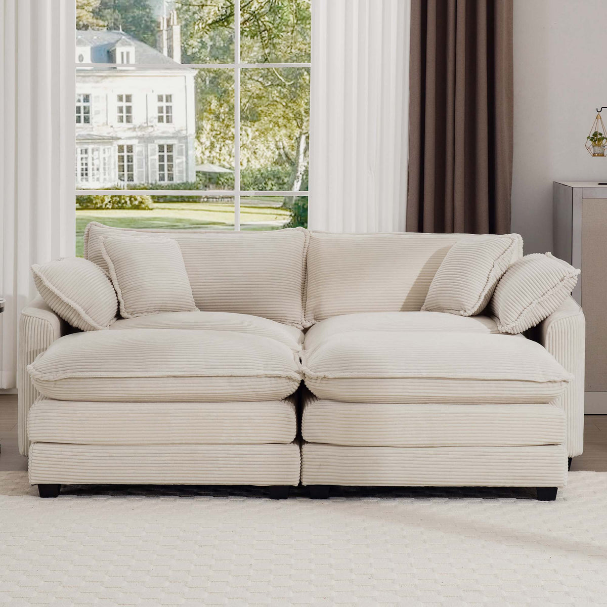 Corduroy Two-Seater Sofa with Ottoman
