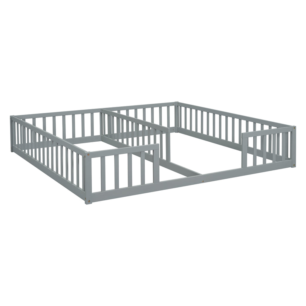 Double Twin Floor Bed with Fence, Guardrails, without Door