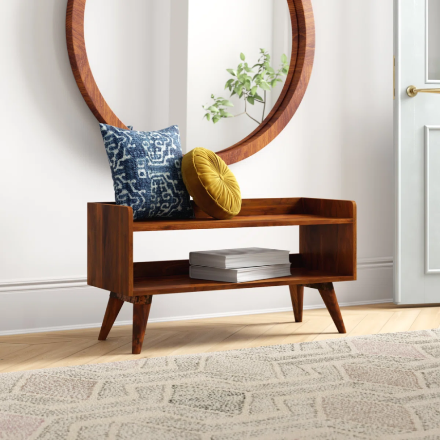 Solid Wood Nordic Storage Bench, Open Storage, Chestnut
