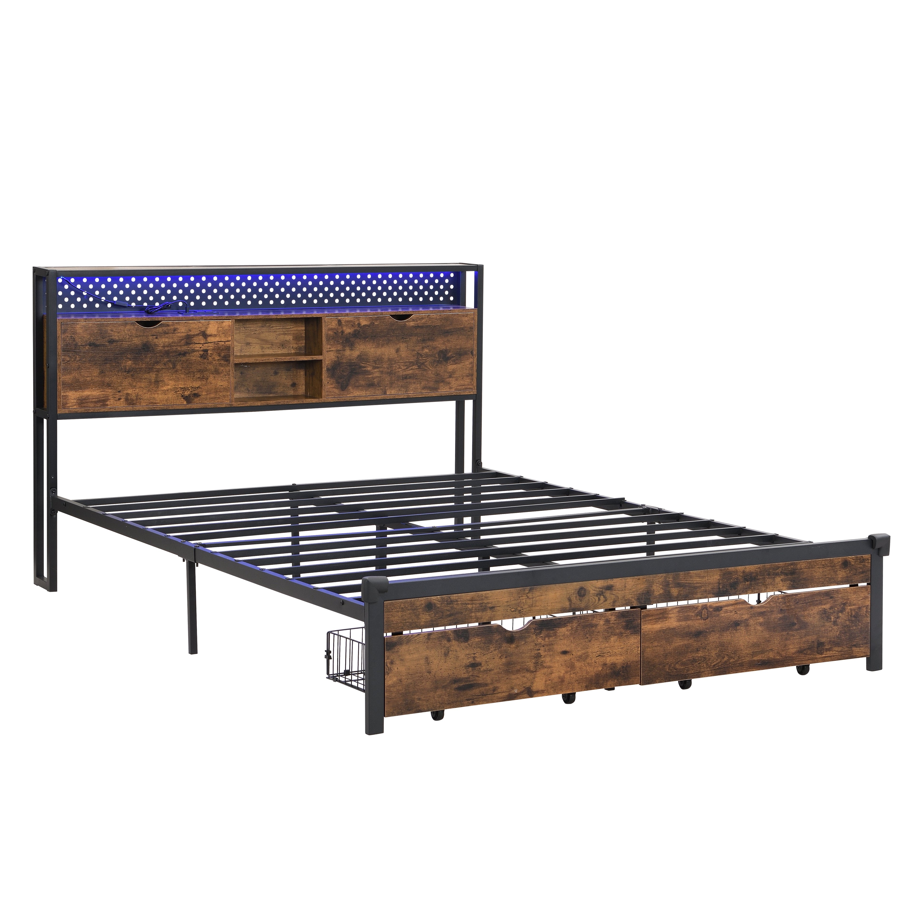 Queen Size Metal Platform Bed Frame with USB Charging Station