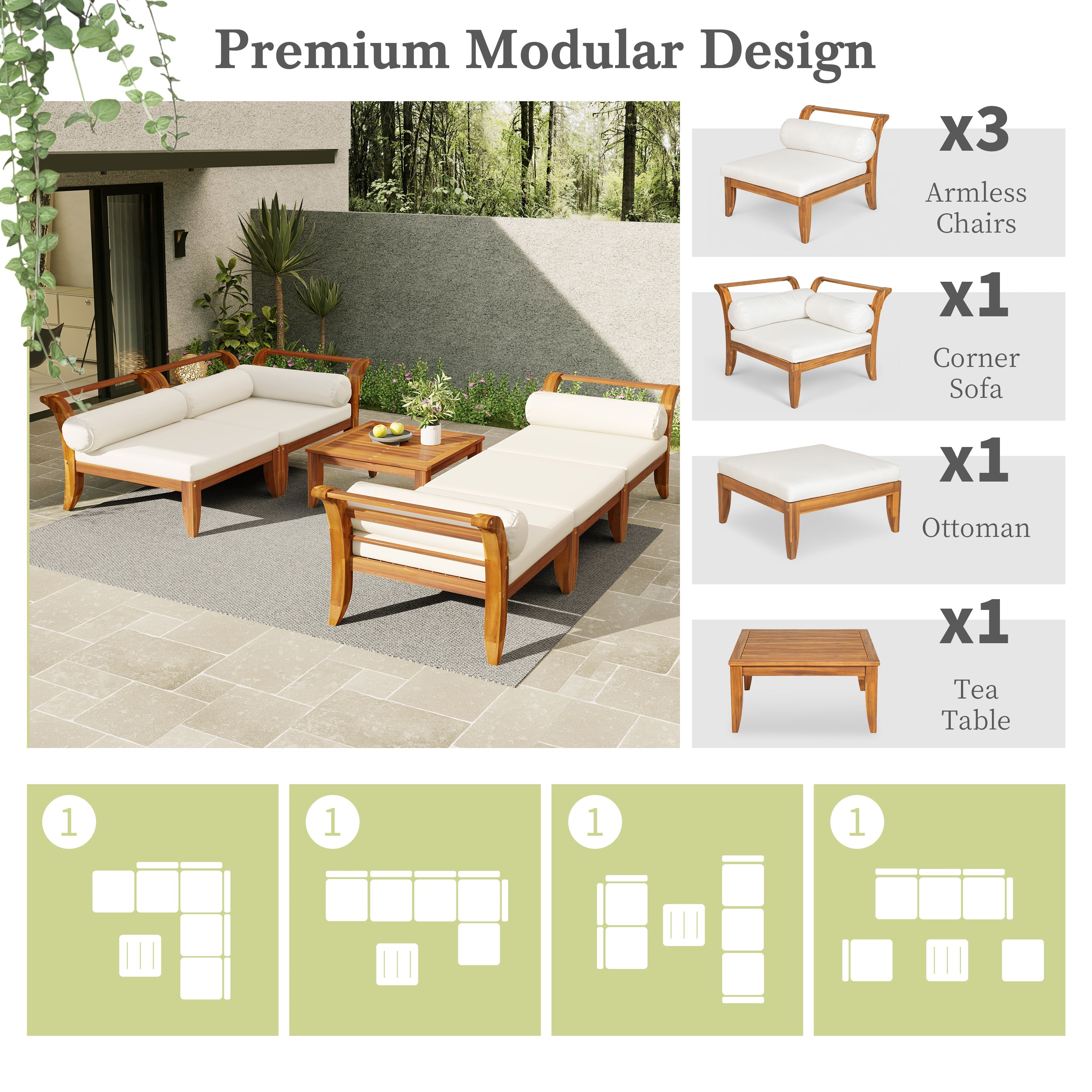 TOPMAX 6 Piece Patio Sofa Set - Acacia Wood Modular Sectional