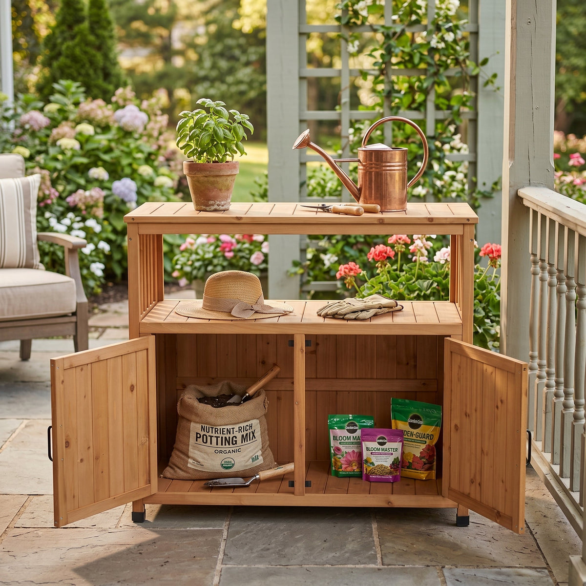 Wooden Patio Bar Table Set with Storage