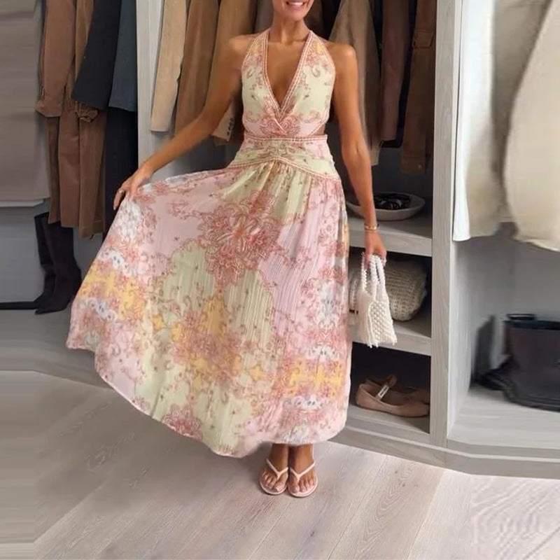 Women's Fashionable Printed V-Neck Halter Dress
