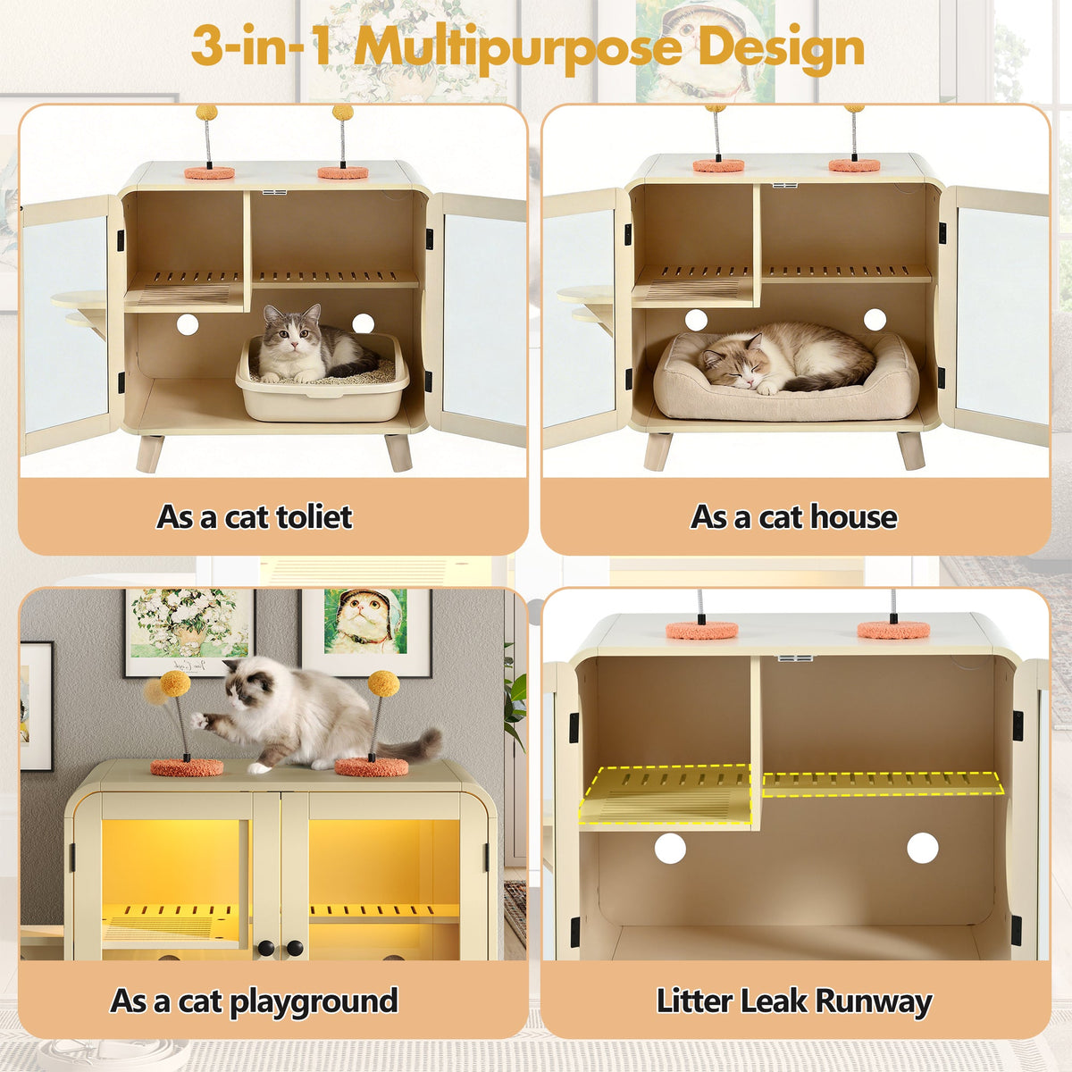 Cat Hidden Litter Box Enclosure with RGB LED Light