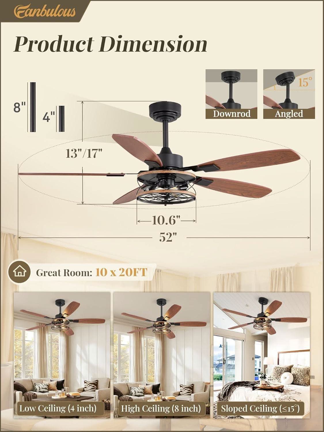 52 Inch Black Farmhouse Ceiling Fan With Light And Remote