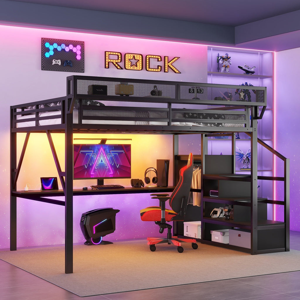 Queen Loft Bed with Desk and Charging Station