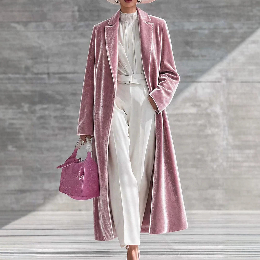 Womens V-neck Over-the-knee Velvet Coat