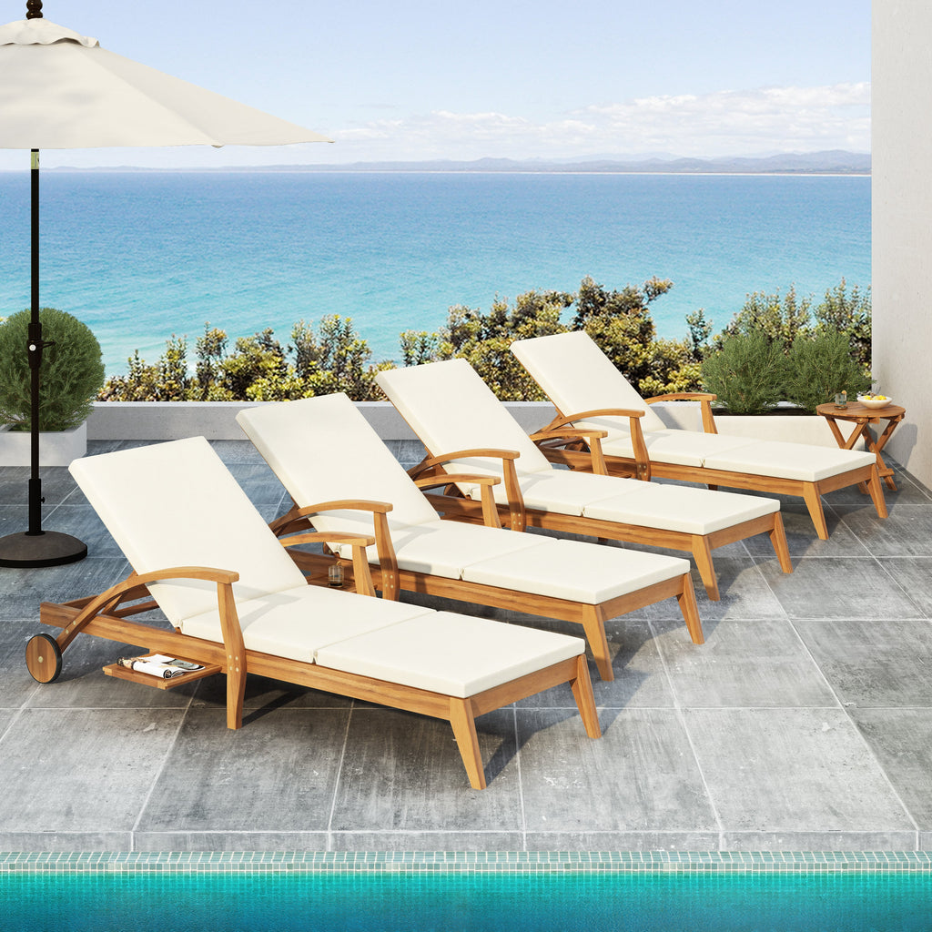 Chaise Lounge With Wheel - Acacia Wood Recliner for Patio