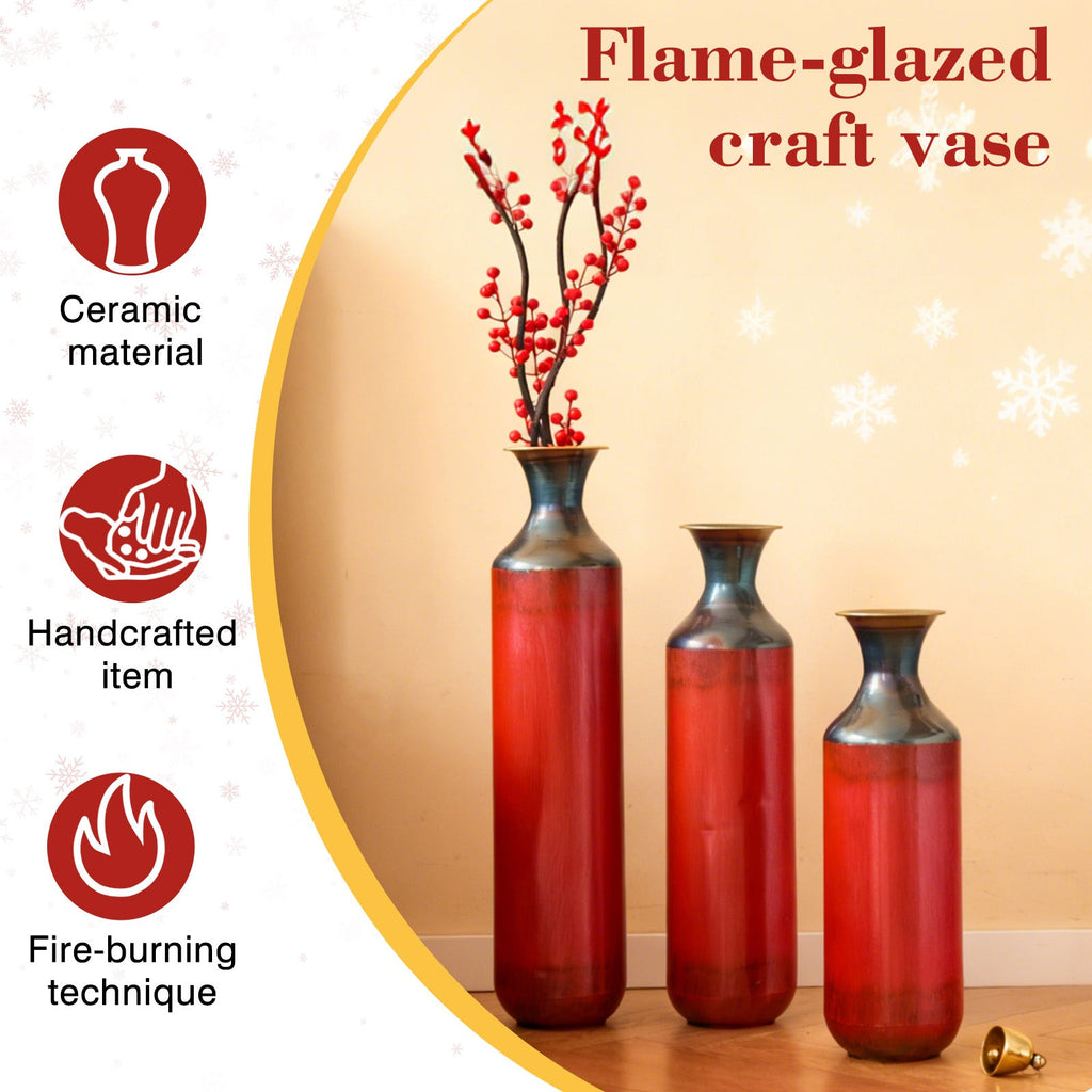 Artisanal Fire-Finished Metal Vases, Set of 3