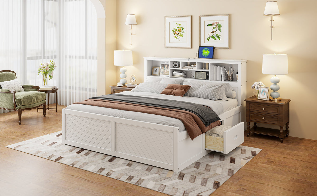 King Size Wood Platform Bed with Multi-storage Headboard, USB and Drawers