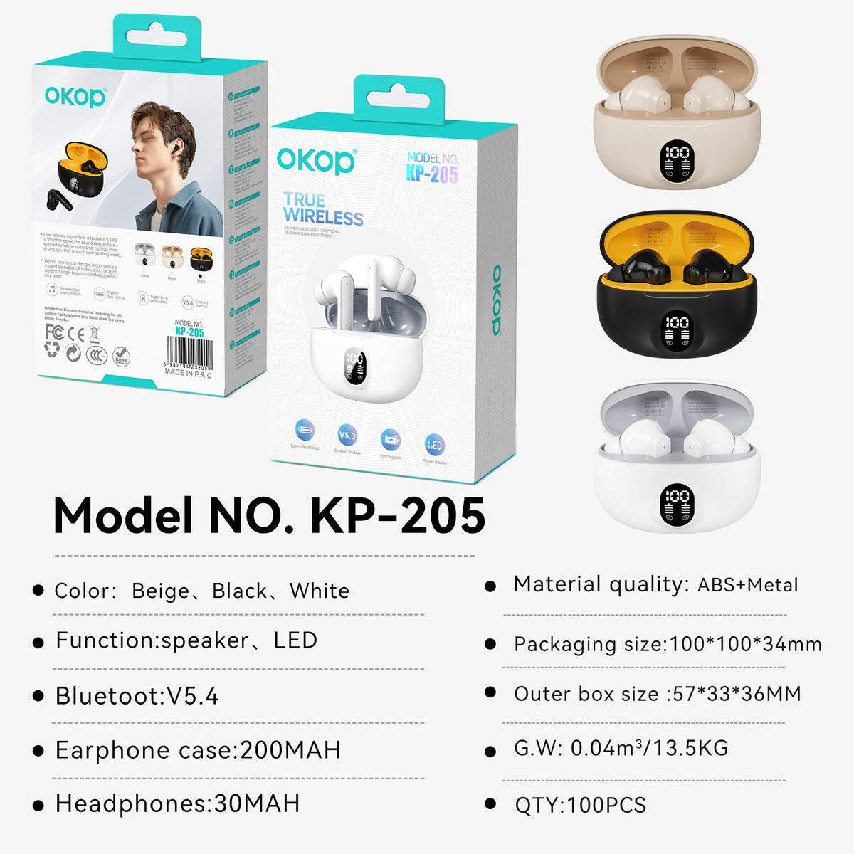 KP-205 In-Stock Digital Display Bluetooth Earbuds High Quality Audio In-Ear Design Low-Latency Gaming Ultra Long Battery Life Factory Direct
