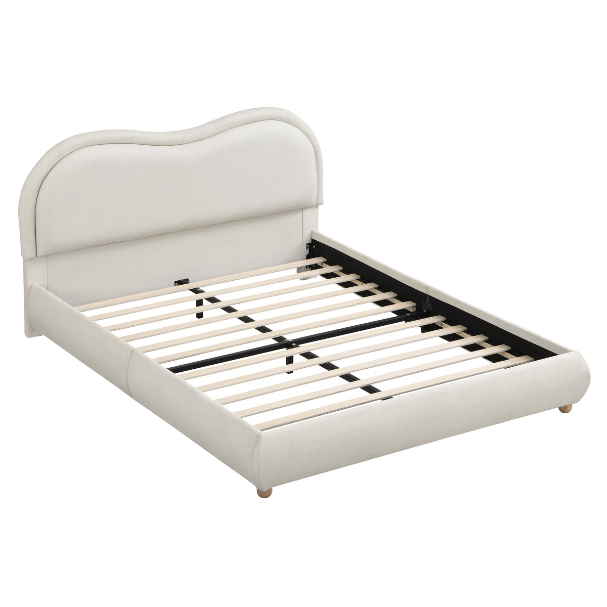 Queen Size Upholstered Platform Bed Frame with Rounded Corners Curved Headboard