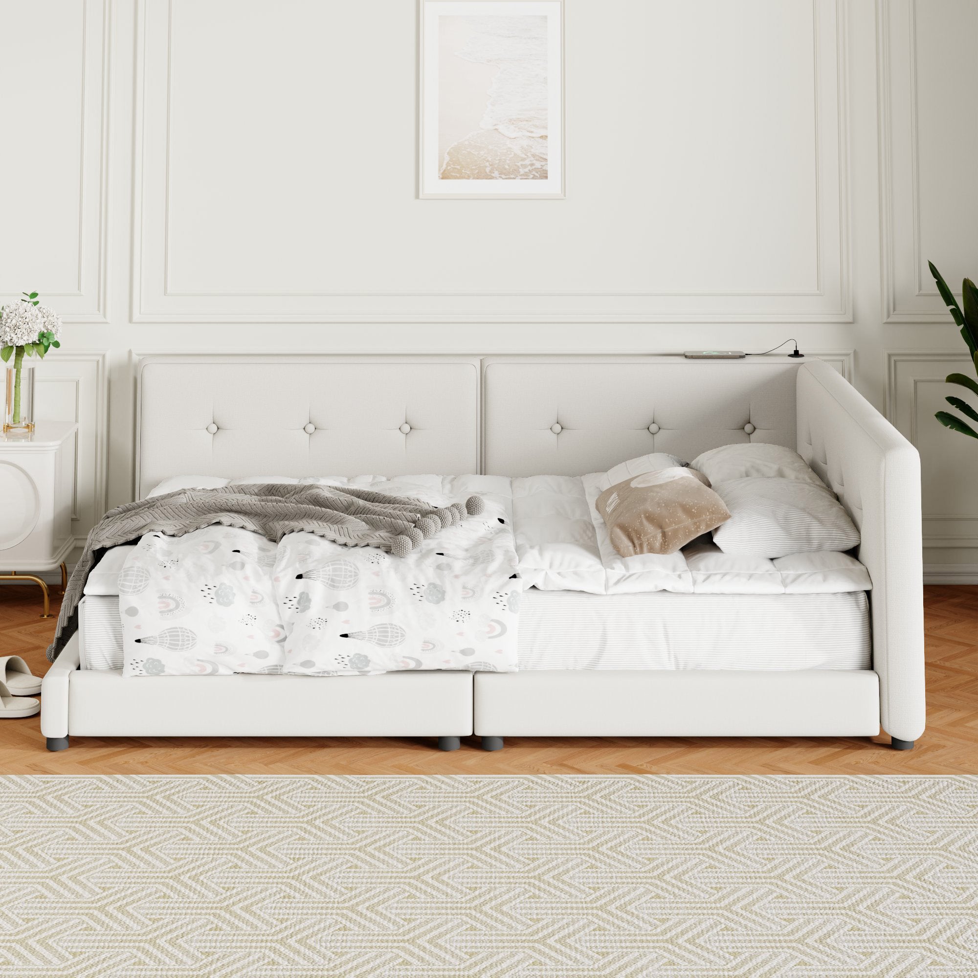 Upholstered Queen Size Platform Bed with USB Ports