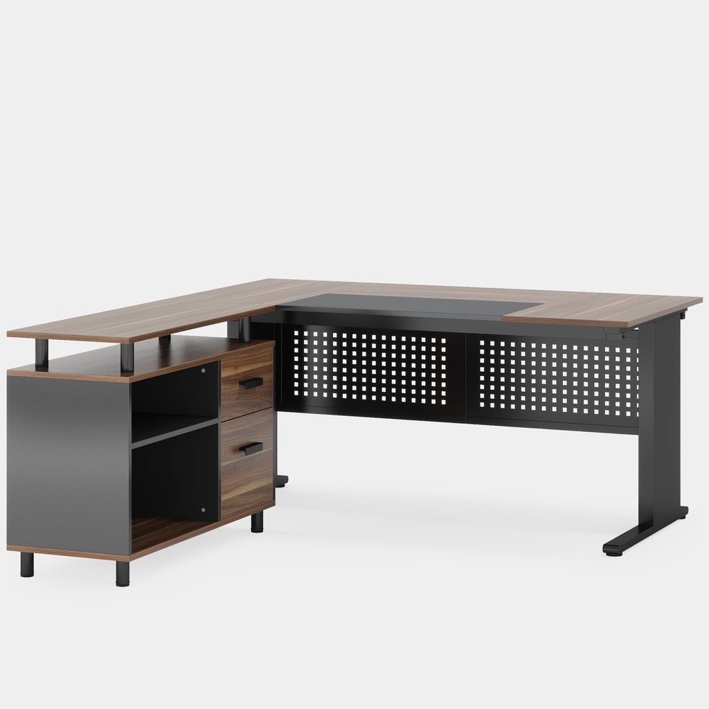 63" L-Shaped Executive Desk with File Cabinet