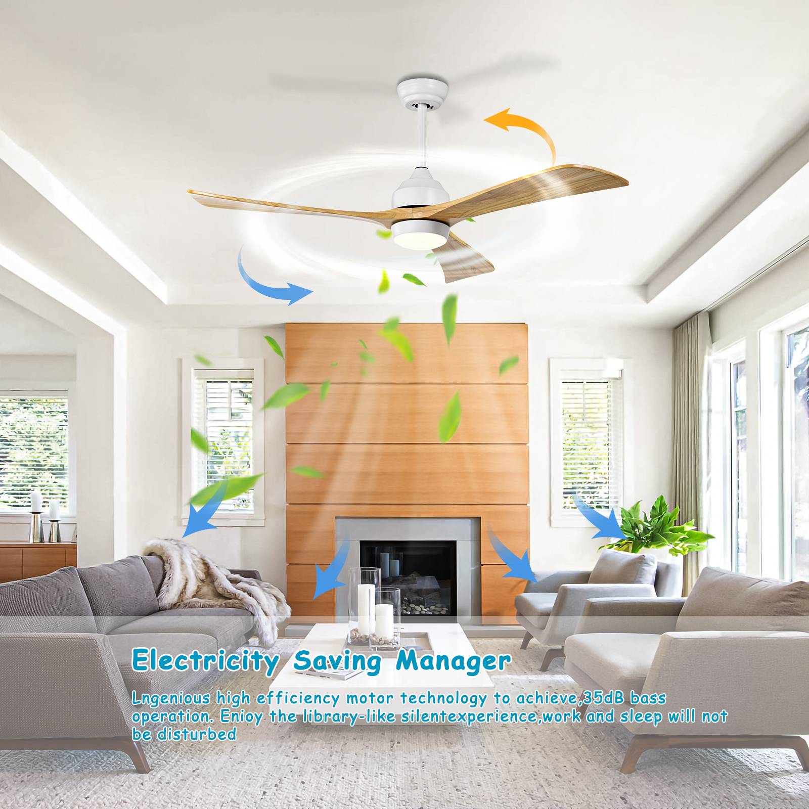52" Solid Wood Blades Ceiling Fan with Lights Remote Control