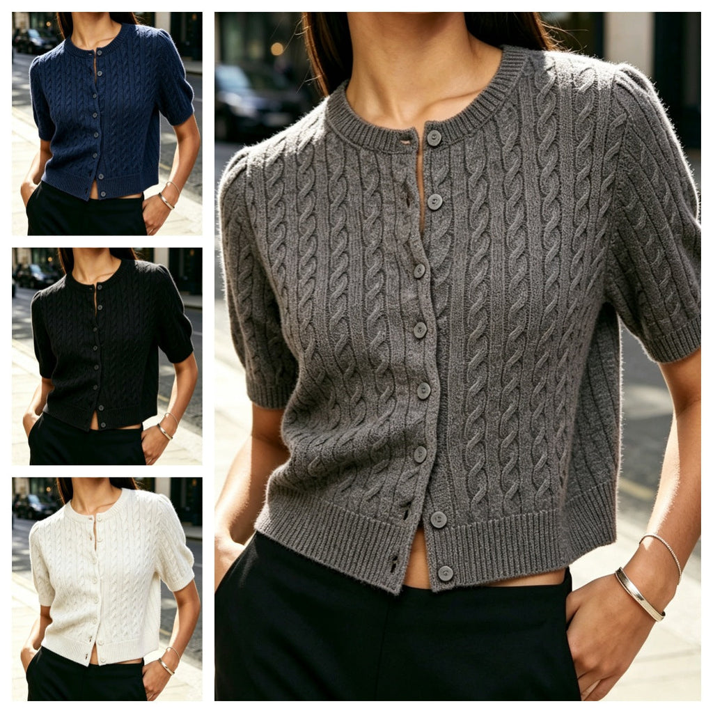 2026 Amazon Fall Wool Short Sleeve Knit Cardigan Solid Color Round Neck Medium Sleeve Cable Knit Button-Up Sweater Women's Jacket