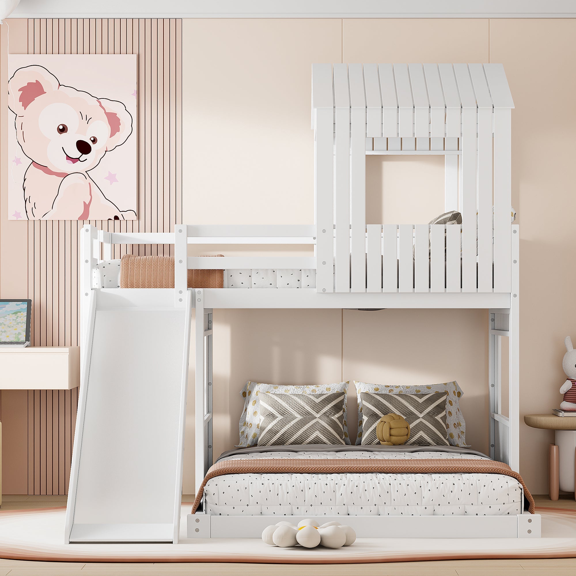 Wooden Twin Over Full Bunk Bed with Playhouse