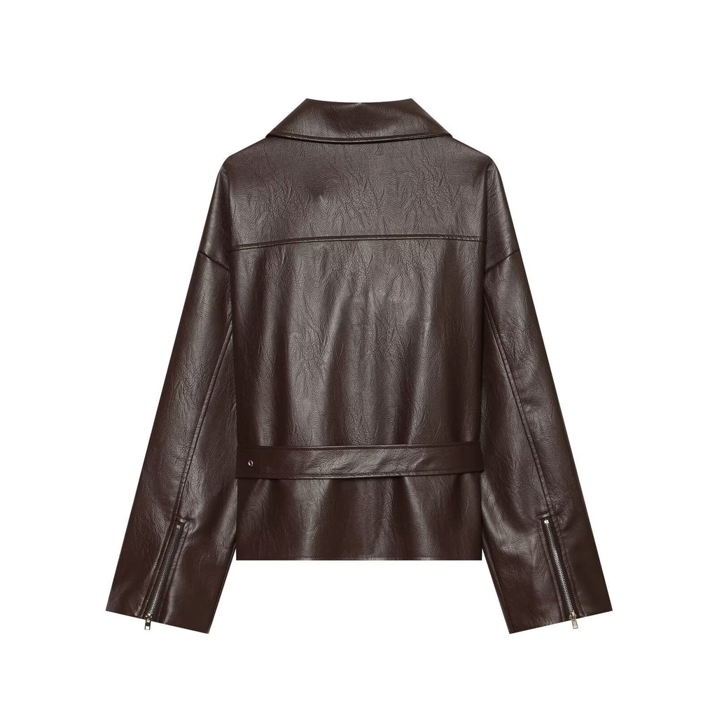 Elegant LapelneckLaceup Cropped Leather Jacket For Workwear