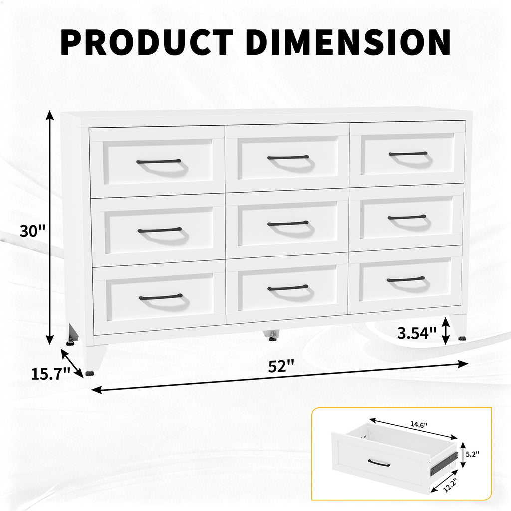 9 Drawer Dresser for Bedroom, Metal Profile Chest of Drawers