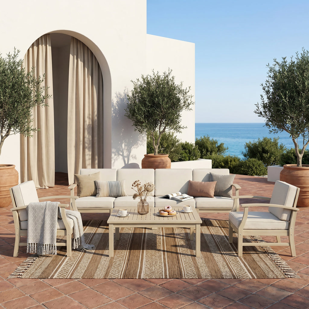 Perla Patio Conversation Set with Sofa, Club Chairs, and Coffee Table