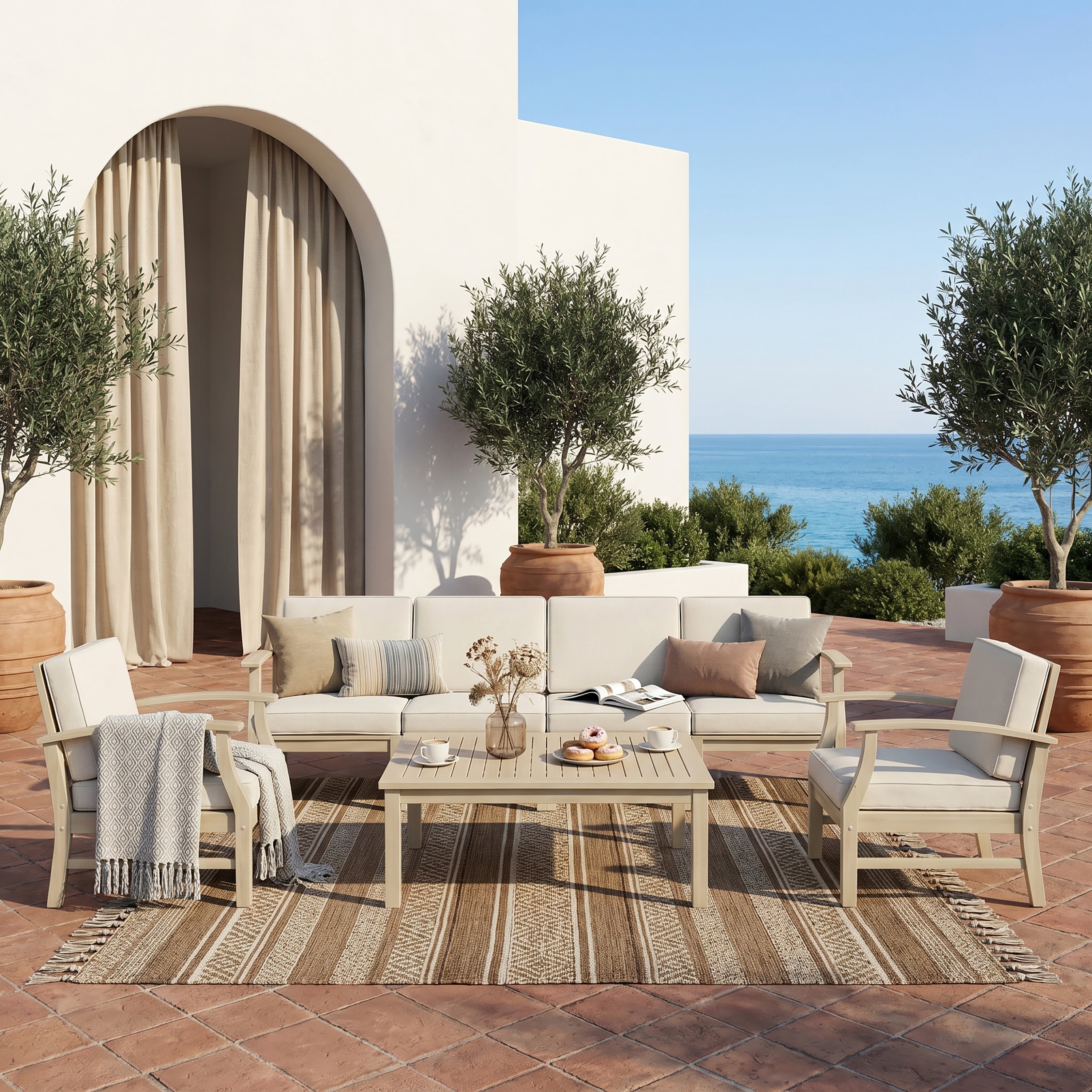 Perla Patio Conversation Set with Sofa, Club Chairs, and Coffee Table