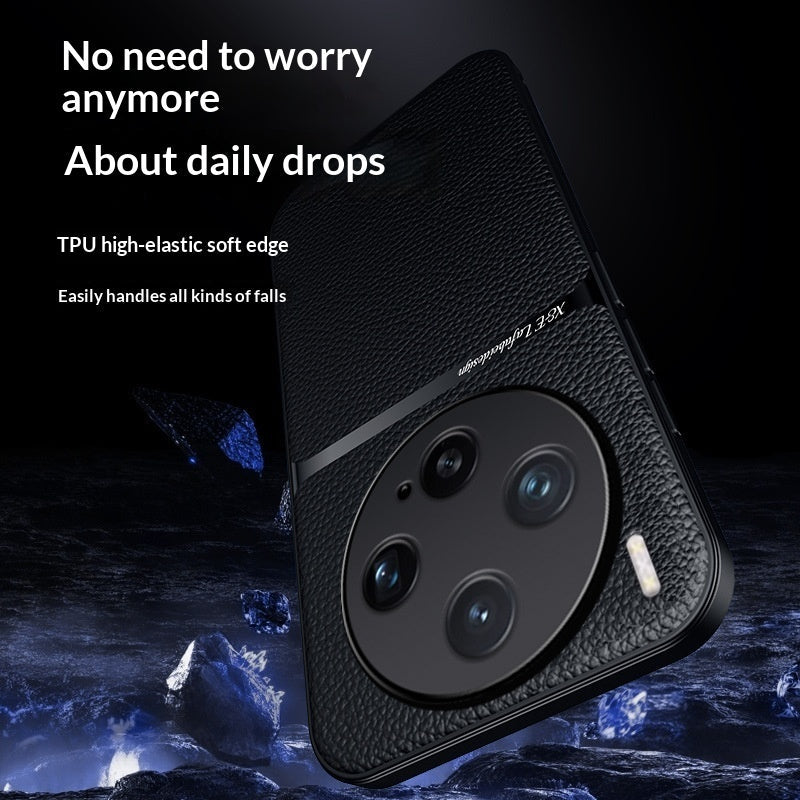 Light Luxury Leather-Grain Magnetic Car Mount Lens-Cover Full-Body Drop-Resistant Protective Case