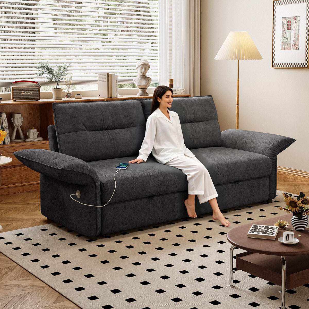 Multi-Functional Sofa Bed with Plush Fabric