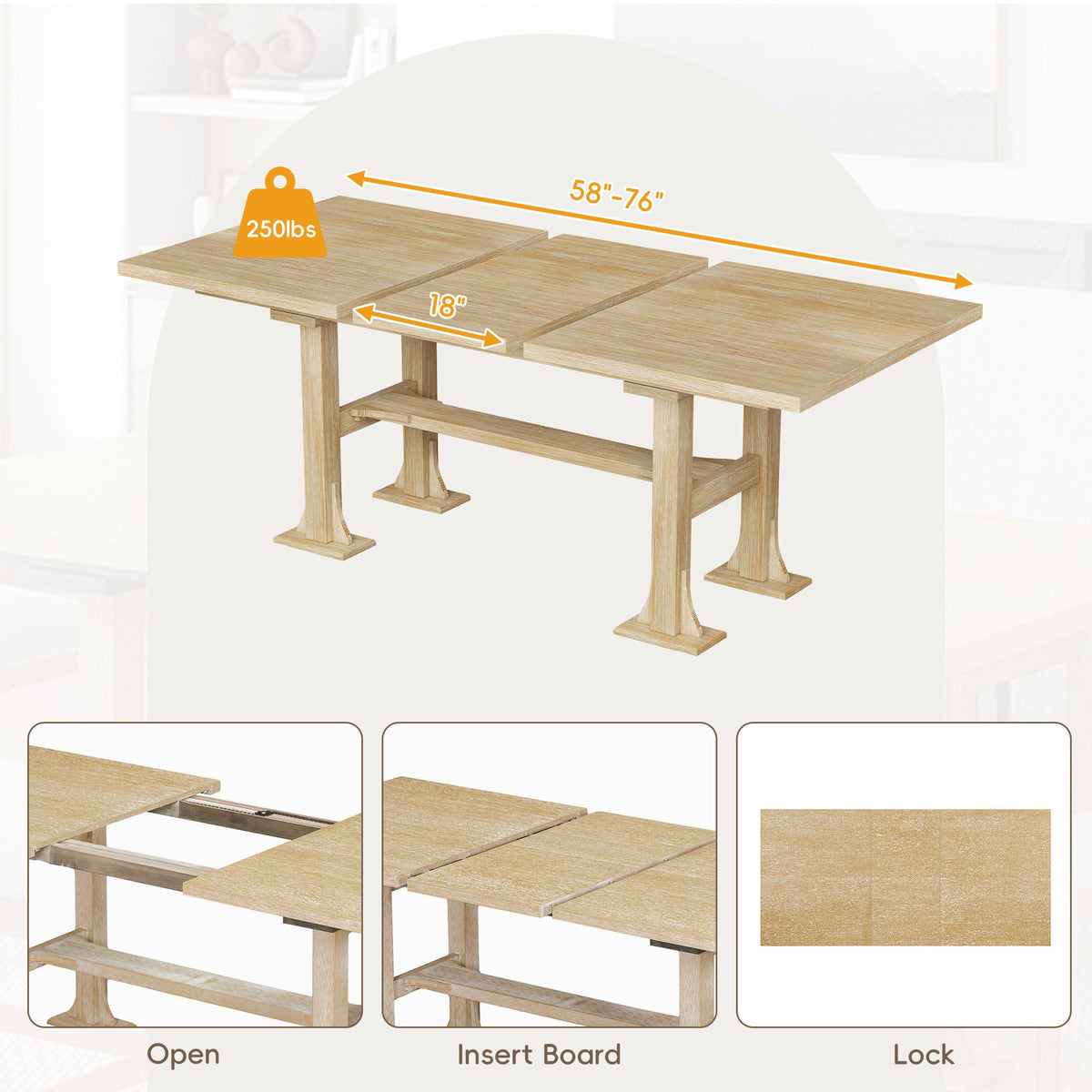 TOPMAX Farmhouse 76-Inch 6-Piece Extendable Dining Table Set