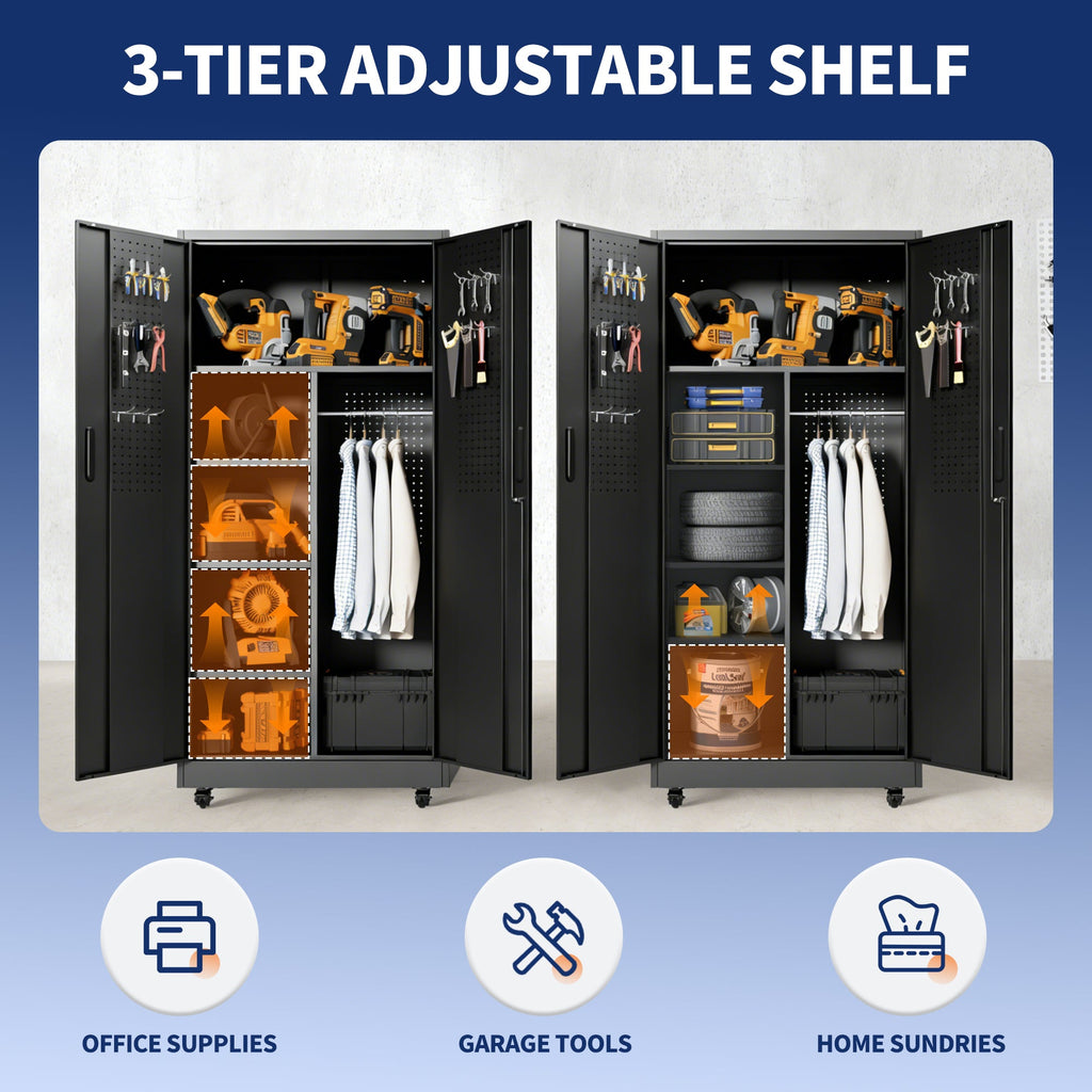 Rolling Metal Storage Locker Cabinet with Lockable Doors
