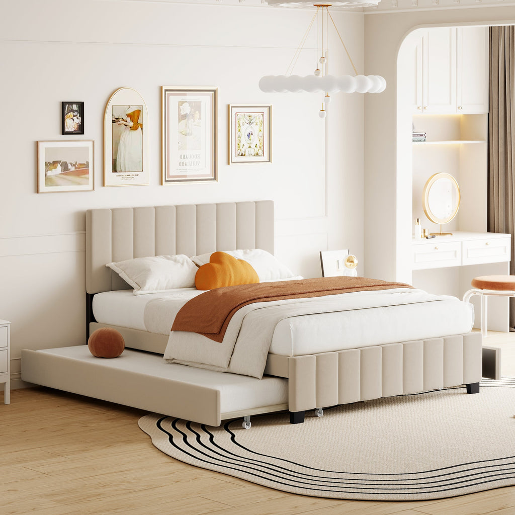 Queen Size Velvet Upholstered Platform Bed with 2 Drawers and Trundle