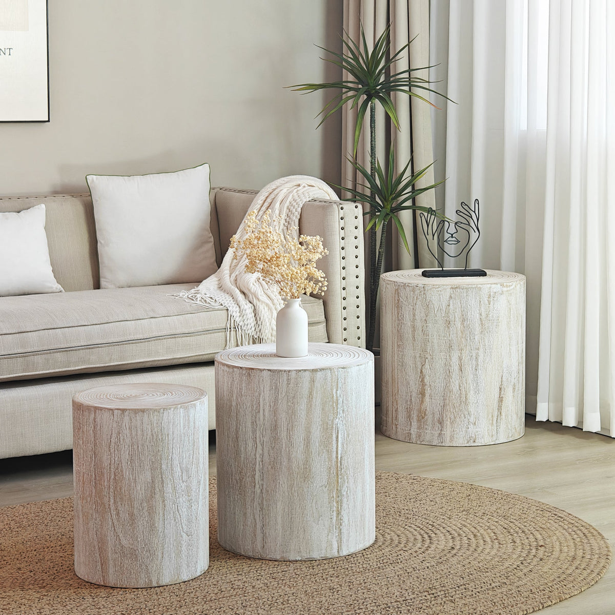 Set of 3 Rounded Wood Coffee Tables, End Tables, Plant Stands