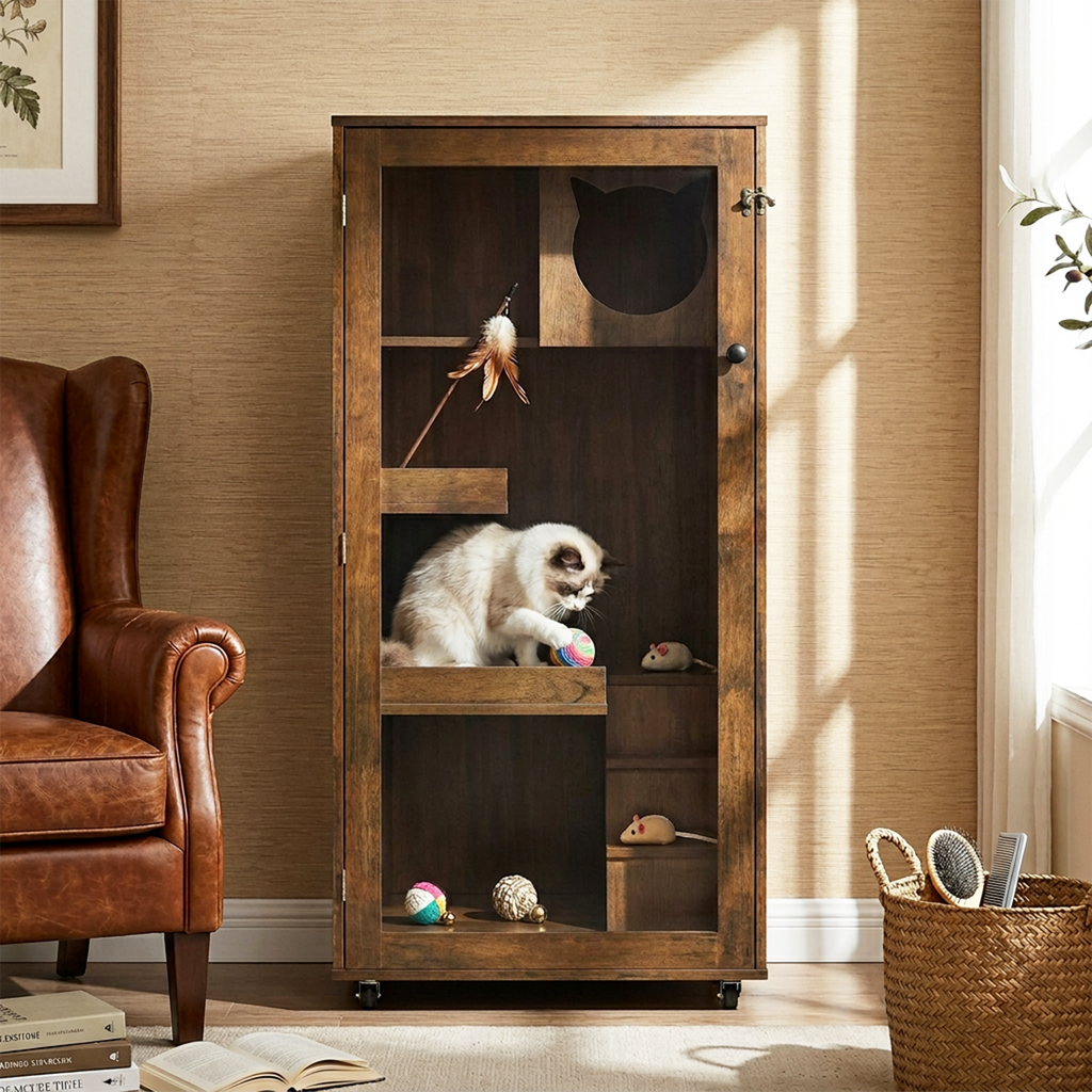 Basia Indoor Rubber Wood Cat Cabinet with Wheels