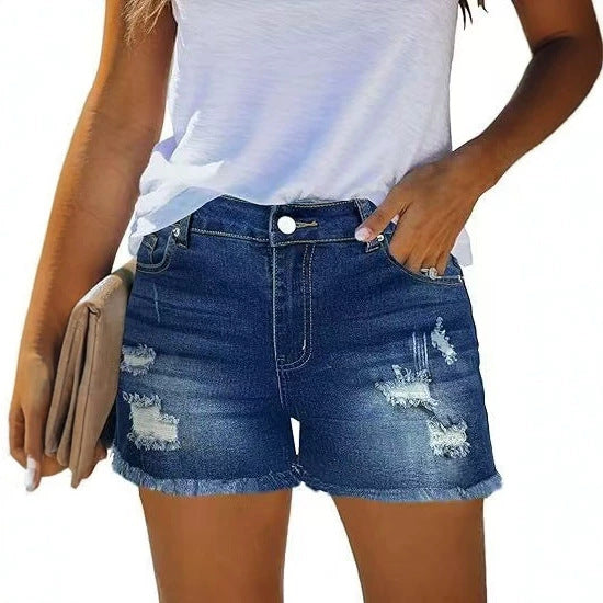 Four-way Stretch Denim Shorts With A Raw-edge Hem