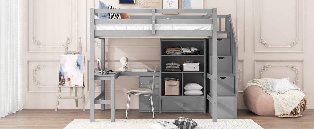 Full Size Loft Bed with L-Shaped Desk and Drawers