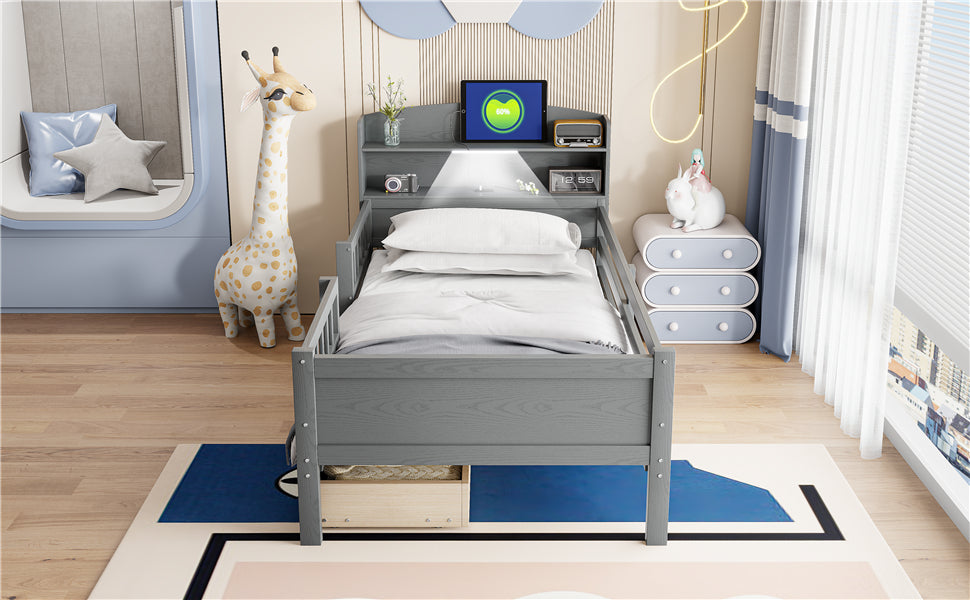Wood Twin Size Platform Bed with Built-in LED Light