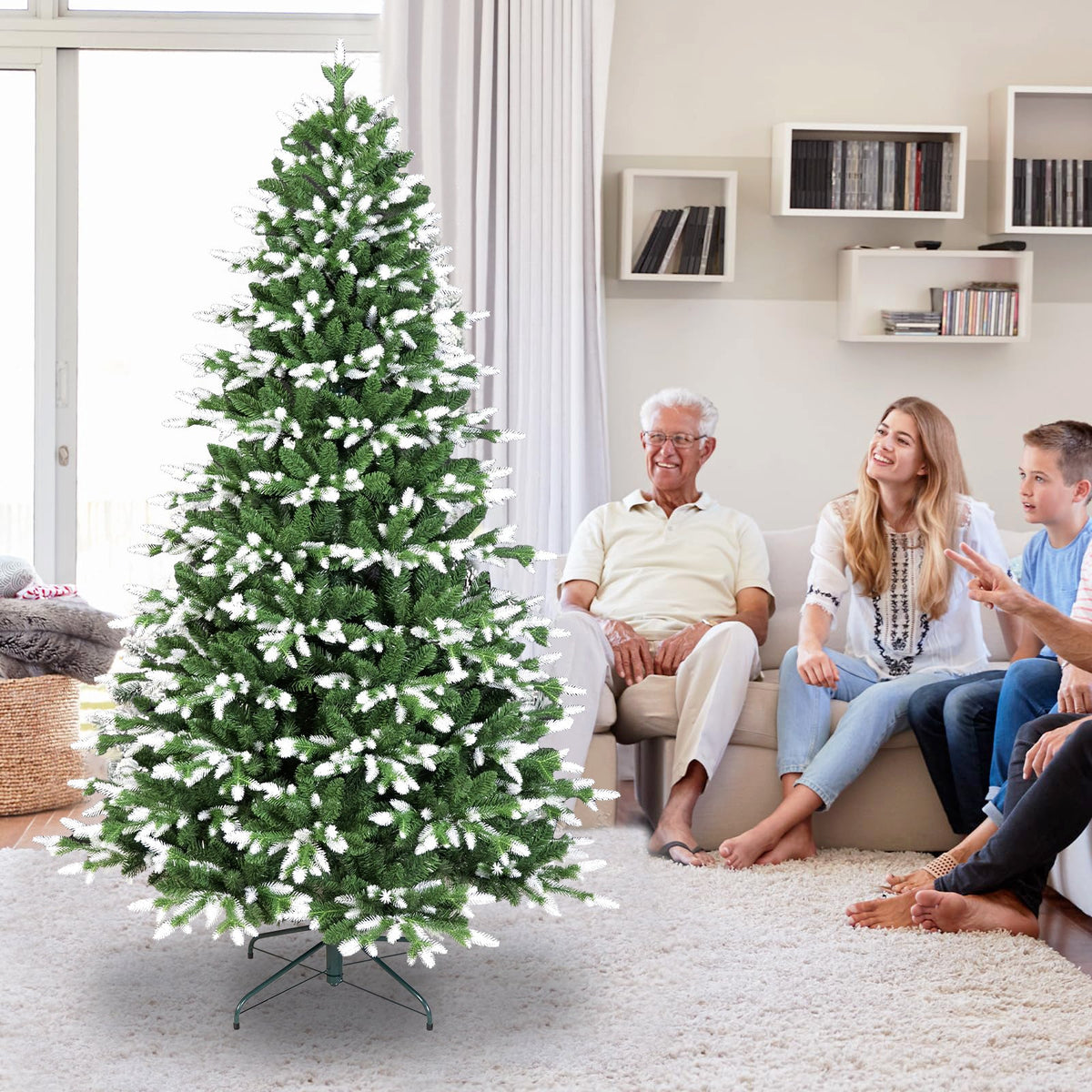 6FT Artificial Christmas Tree, White-Tipped PE & PVC Mixed Auto Tree