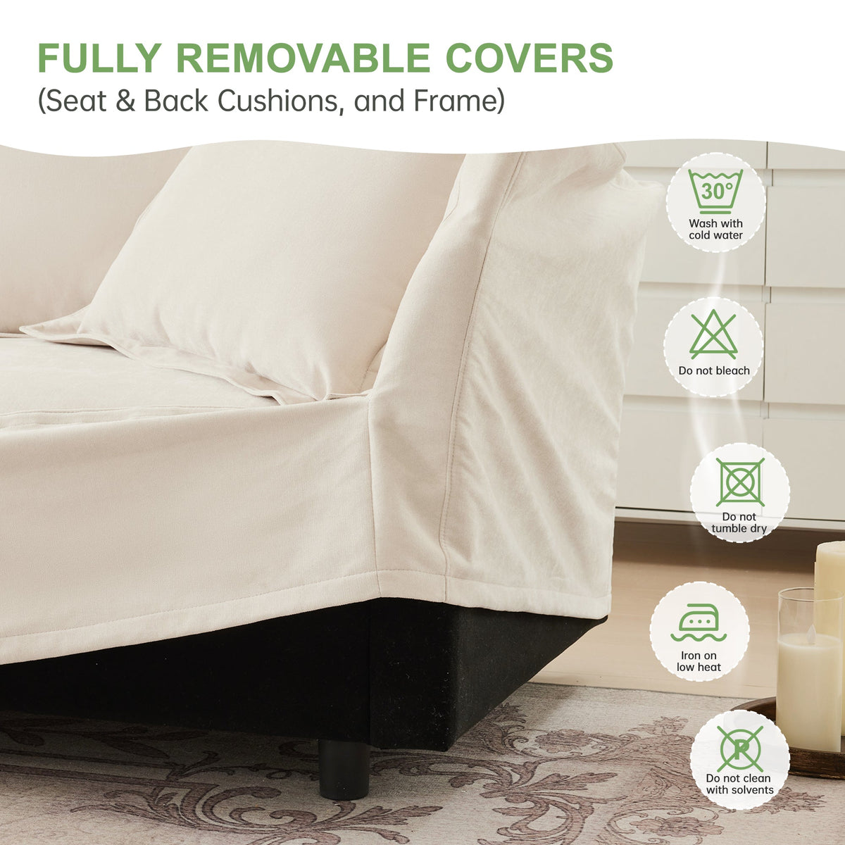 Chenille Slipcovered 2 Seater Sofa with 2 Ottomans