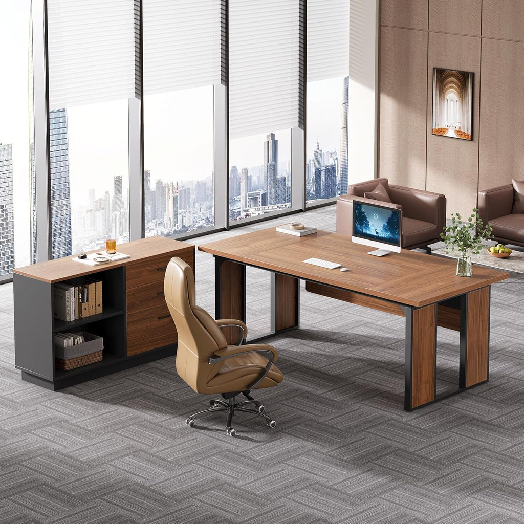 63-Inch L-Shaped Executive Desk with 47-Inch File Cabinet