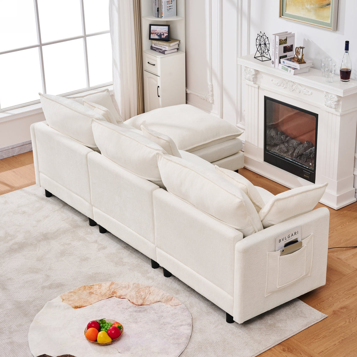 Chenille Modular Three-Seater Sofa with Movable Footstool