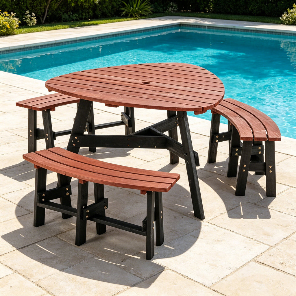 6-Person Semi-Circular Outdoor Solid Fir Wood Picnic Table Set
