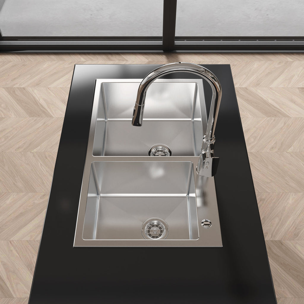 Stainless Steel Kitchen Sink, 32″x19″ Double Bowl in Brushed Nickel