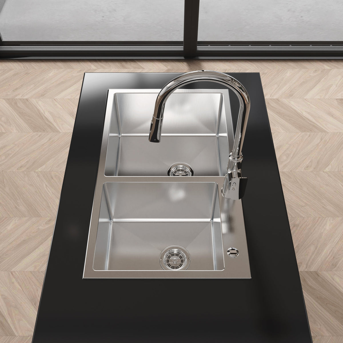 Stainless Steel Kitchen Sink, 32″x19″ Double Bowl in Brushed Nickel