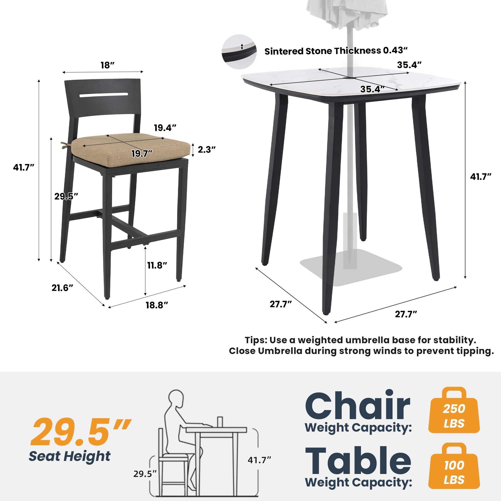 Modern 5PC Outdoor Patio Bar Set, Rounded Square 35.4'' Sintered Stone Table & 4 Aluminum Bar Stools