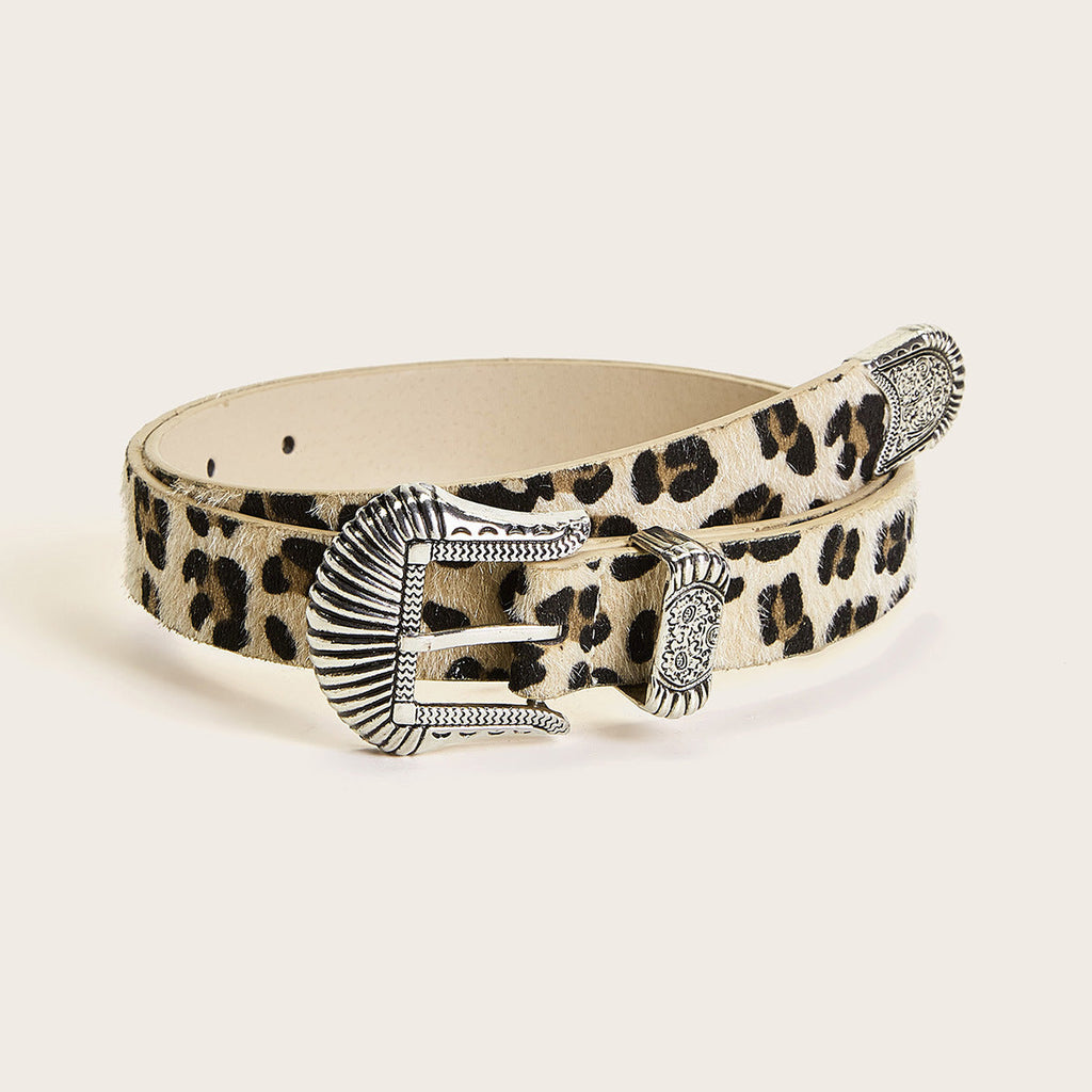European And American New Retro Carved Imitation Horse Hair Leopard Print Fashion Y2K Dopamine Western Buckle Belt Cross-Border Women's Belt