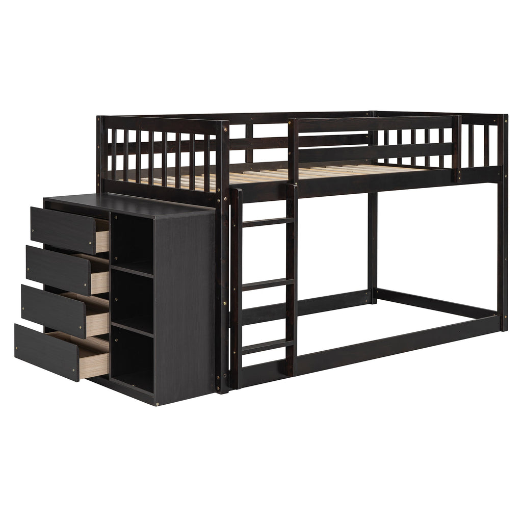 Twin Over Twin Bunk Bed with 4 Drawers and 3 Shelves - Espresso