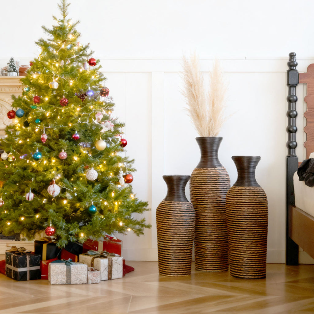 Hand-Woven PVC Rattan Vases, Set of 3 Decorative Floor Vases